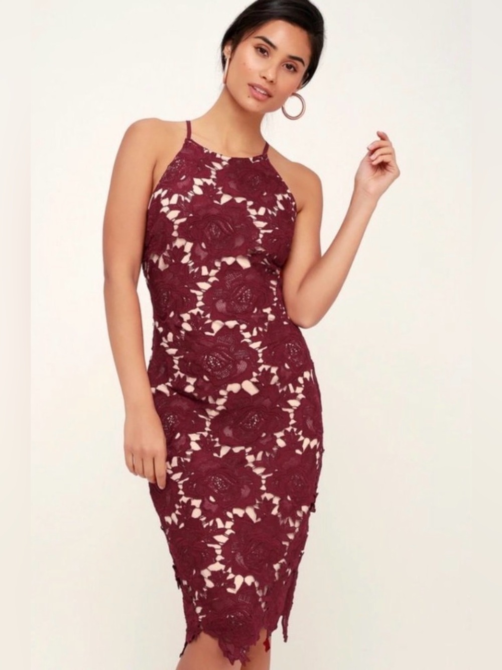 NWT Lulu’s Burgundy Lace Bodycon Midi Dress - XS